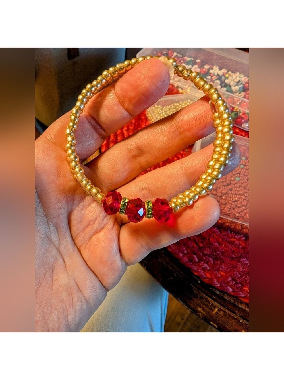 Handmade gold and red memory wire bracelet